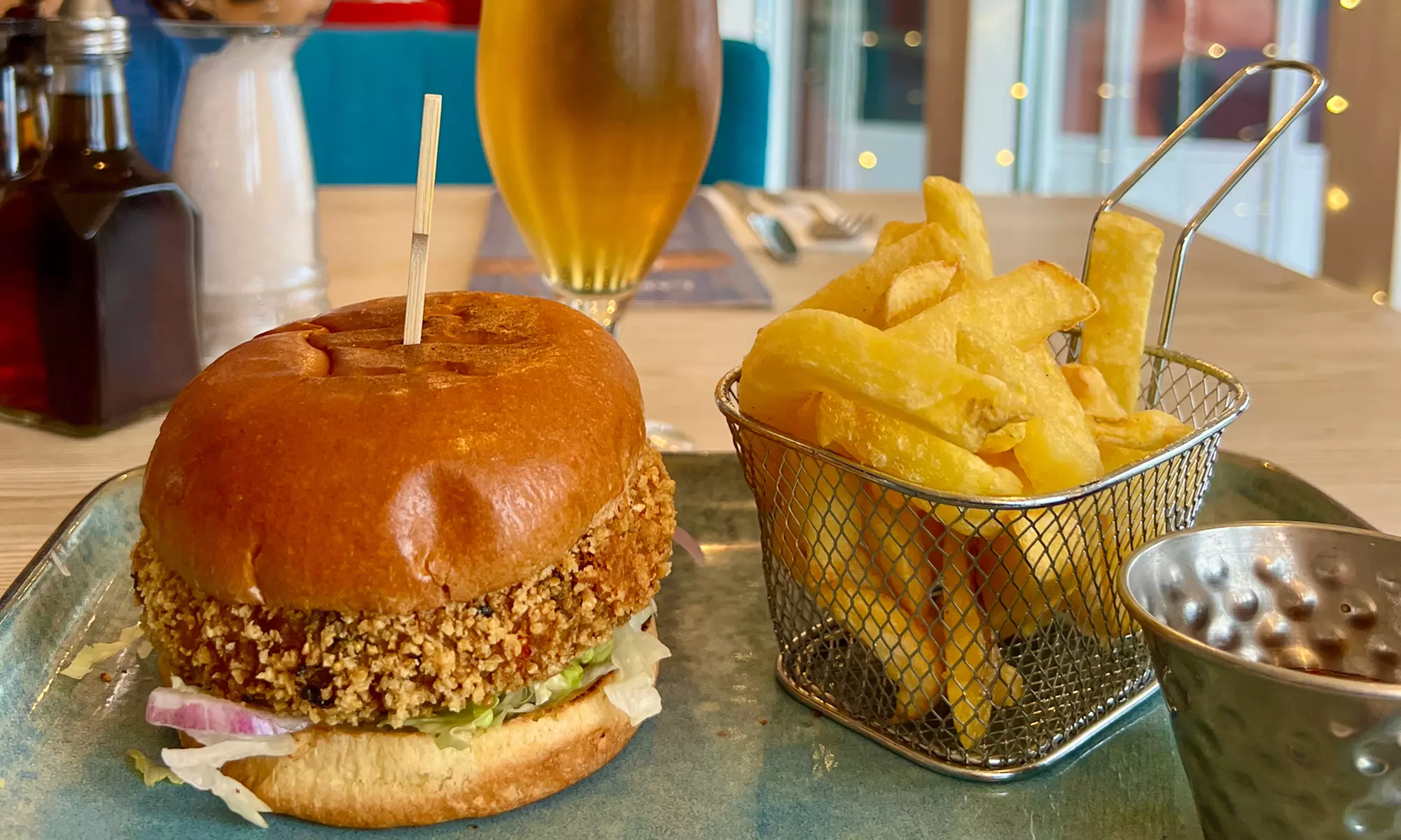 Chicken or Veggie Burger with Chips and Salad and Beer for 1, 2, or 4