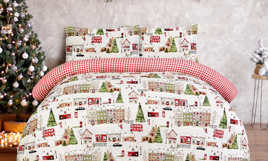 Image 1: Super Soft Reversible Christmas Town House Duvet Cover Set