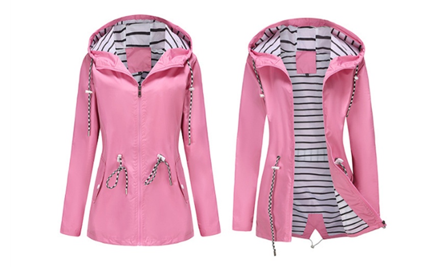 Image 16: Women's Hooded Drawstring Zipper Rain Coats