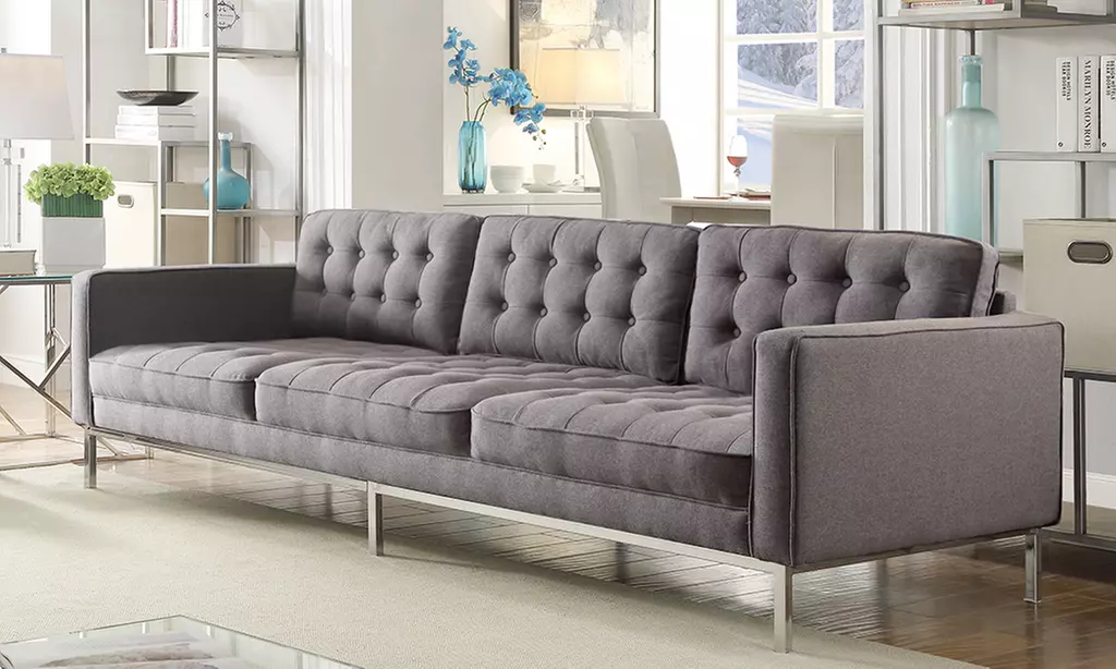 Draper Modern Linen Tufted Square Arm Sofa with Silvertone Legs - Primary Image