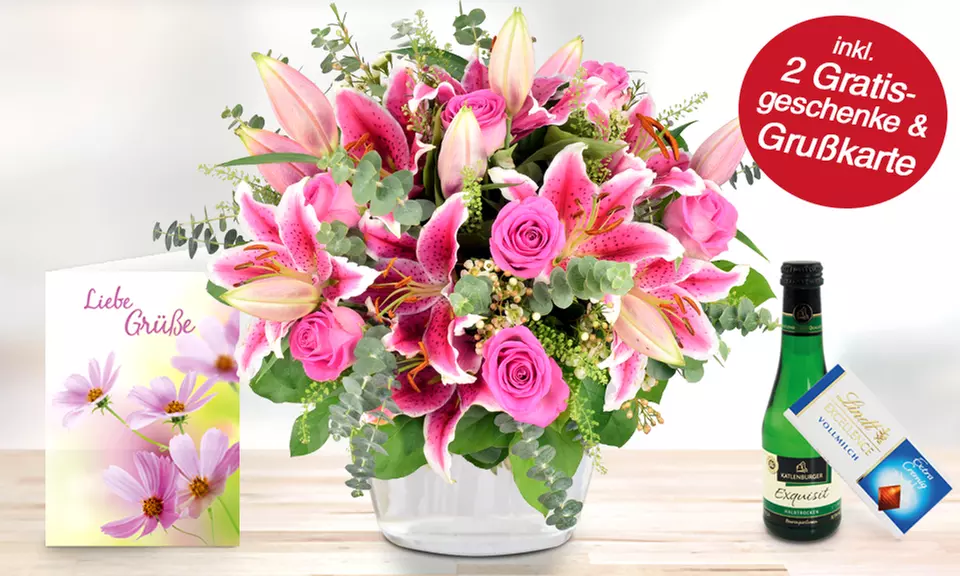 Blumenstrauß oder Blumen-Gesteck mit Schokolade, Piccolo und Grußkarte