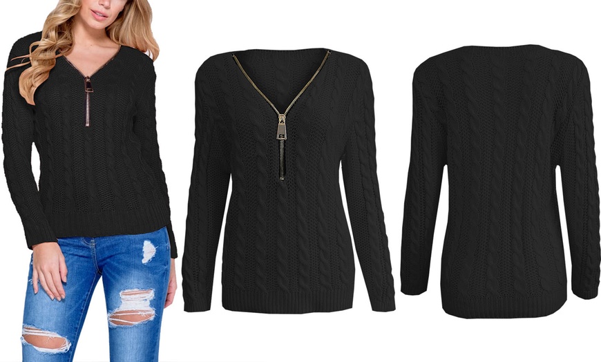 Image 2: Women's Zip Front Cable Knit Jumper