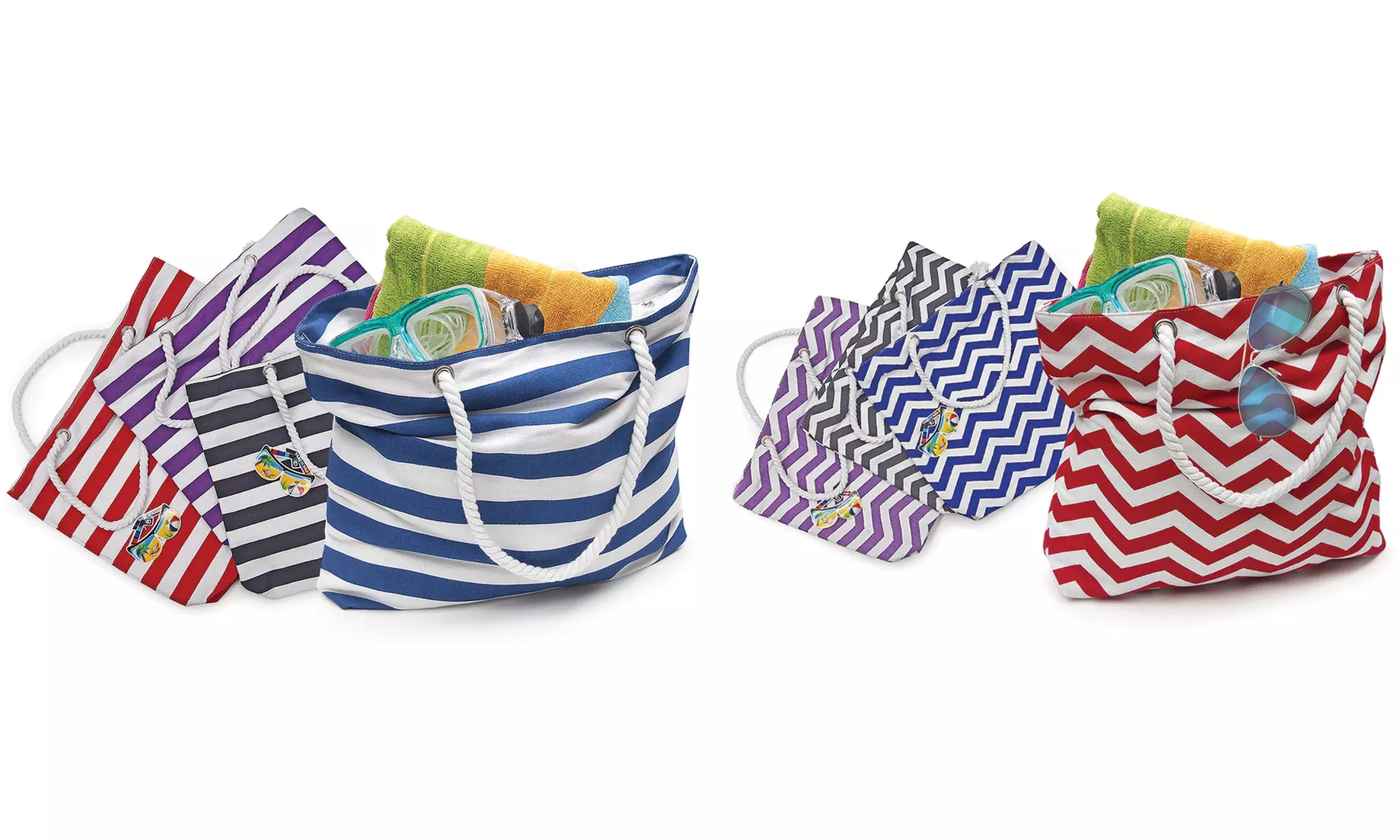 Chevron or Striped Printed Beach Tote Bag with Inner Zipper Pocket and Rope Handles - Primary Image
