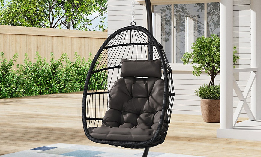 Image 51: Black Outdoor Hanging Egg Chair with Cushion