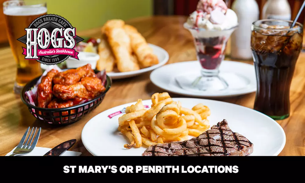 3-Course Meal + Wine or Beer for 2 ($49), 4 ($98) or 6 Ppl ($147), Hog's Breath Cafe, 2 Locations (Up to $257.40 Value) - Primary Image