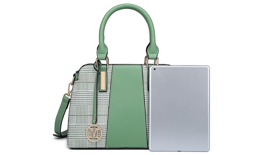 Image 11: Gingham Plaid Panel Shoulder Bag