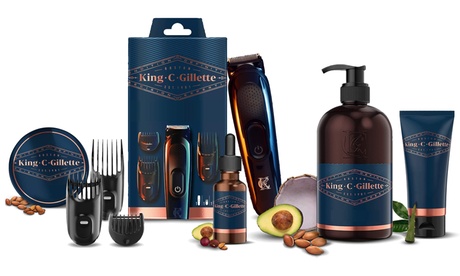 Kit regolabarba Gillette King, con regolabarba, detergente, gel, balsamo e olio da barba