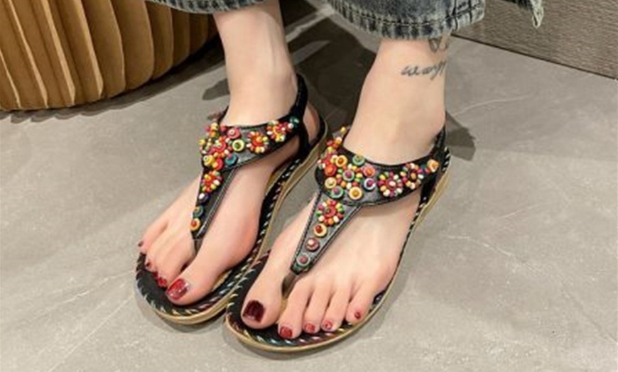 Image 7: Boho Beaded Toe Post Flip Flop Sandals