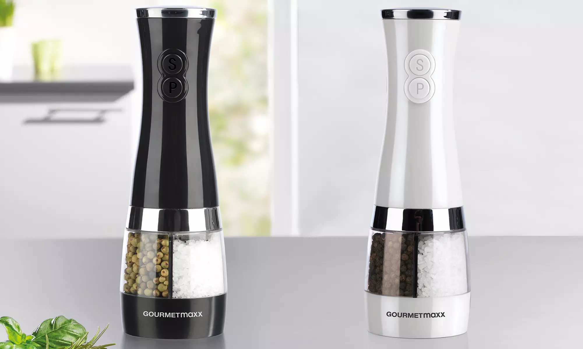 GOURMETmaxx elektrische 2-in-1 Gewürzmühle mit Keramikmahlwerk in Schwarz oder Weiß, einzeln oder als 2er-Set - Primary Image