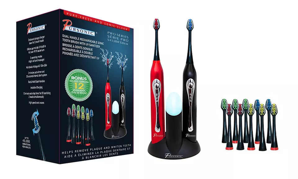Pursonic Dual-Handle Sonic Toothbrush with 12 Replacement Heads and UV Sanitizer - Second Medium
