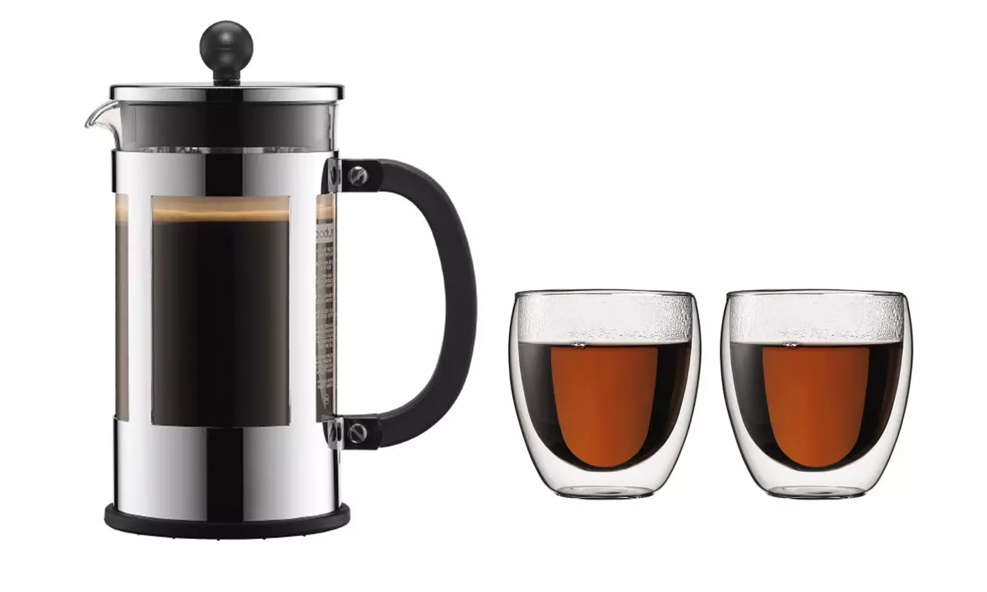 Cafetière à piston Kenya BODUM, 8 tasses, 1,0l avec 2 verres double paroi 0.25l Pavina - Primary Image