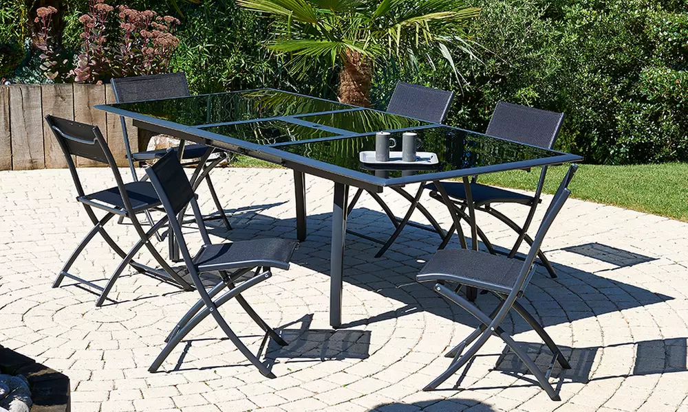 Salon de jardin table en verre avec rallonge papillon + 6 chaises pliantes - Second Medium