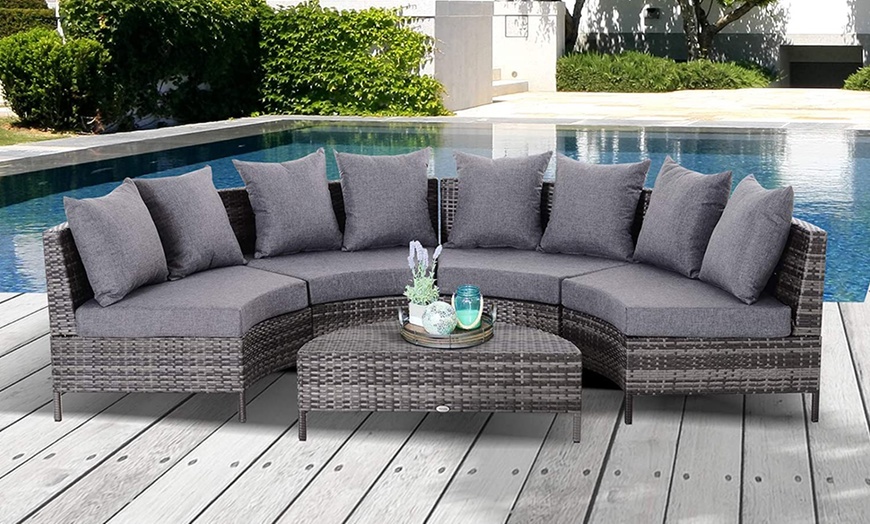 Image 1: Outsunny Rattan-Effect Four Seaters Half-round Sofa and Table