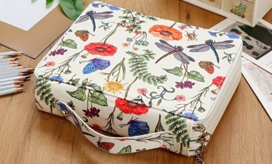 Image 1: Floral Oxford Fabric 3-Layer Art Brush Storage Case