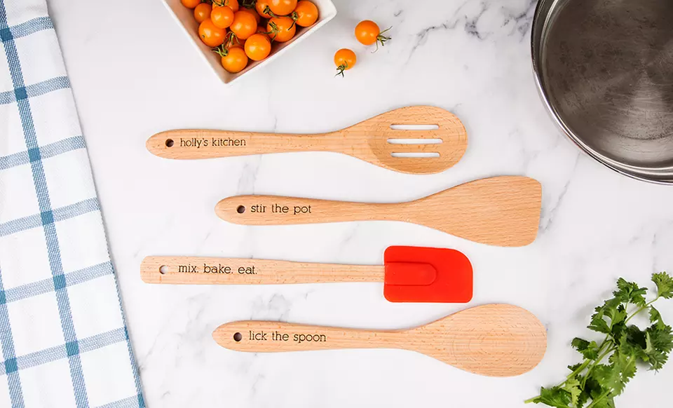 One, Two, or Three Personalized Beechwood Kitchen Utensil Sets from Qualtry (Up to 85% Off) - Primary Image
