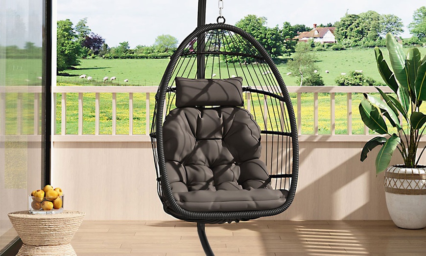 Image 37: Black Outdoor Hanging Egg Chair with Cushion