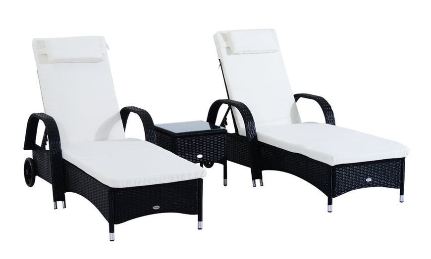 Image 3: Outsunny Set of Two Sun Loungers with Cushions and a Table