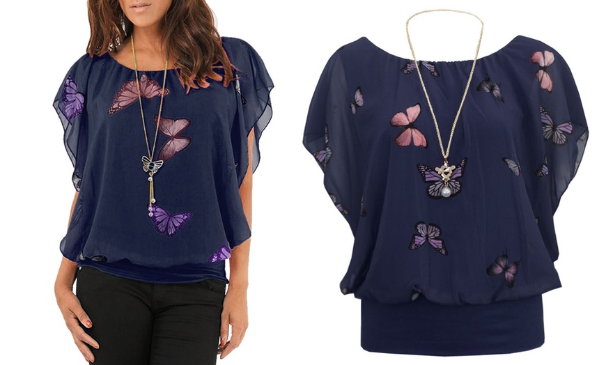 Image 9: Women's Coloured Butterfly Print Ruffle Chiffon Top with Necklace