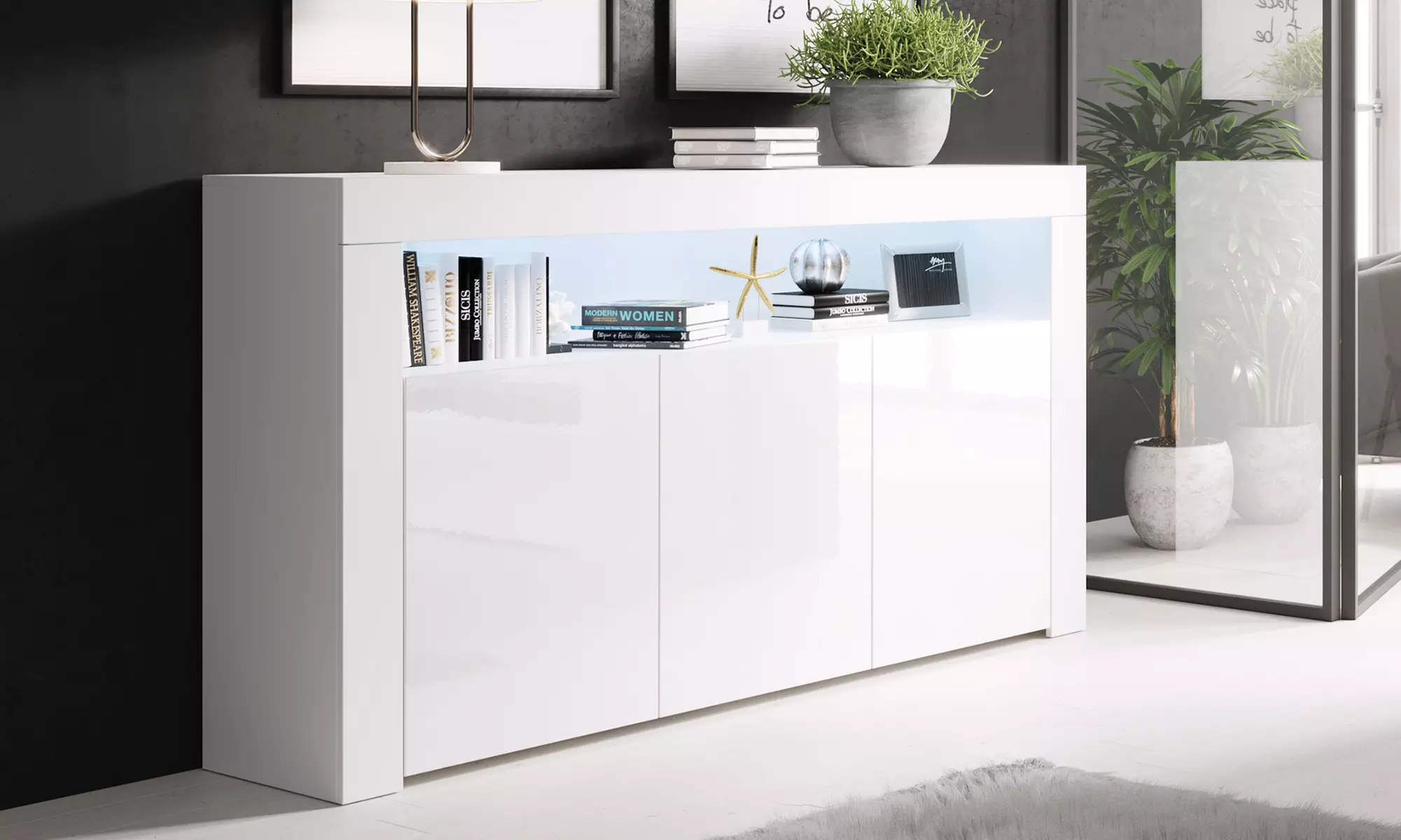 Aparador modelo Aker con acabado en brillo, sistema de cierre suave y luz led, con envío gratuito - Primary Image