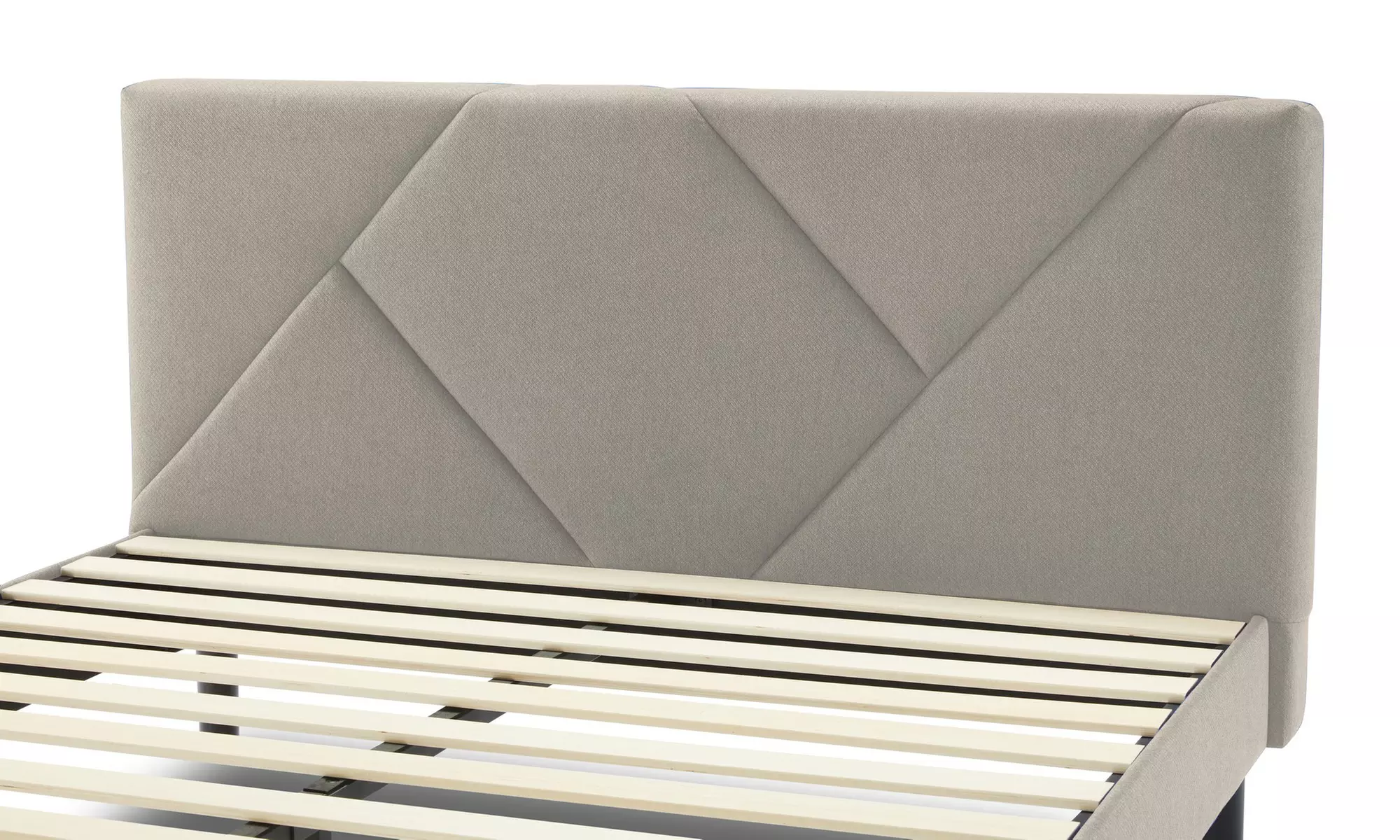 Letto imbottito in tessuto con doghe in legno e vano contenitore