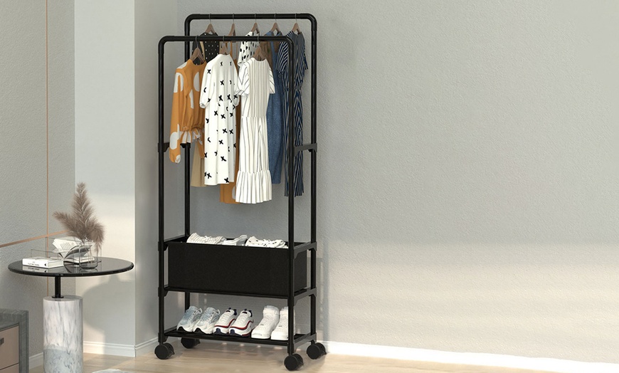 Image 4: Metal Clothes Rack with Double Rods Mobile on Wheels