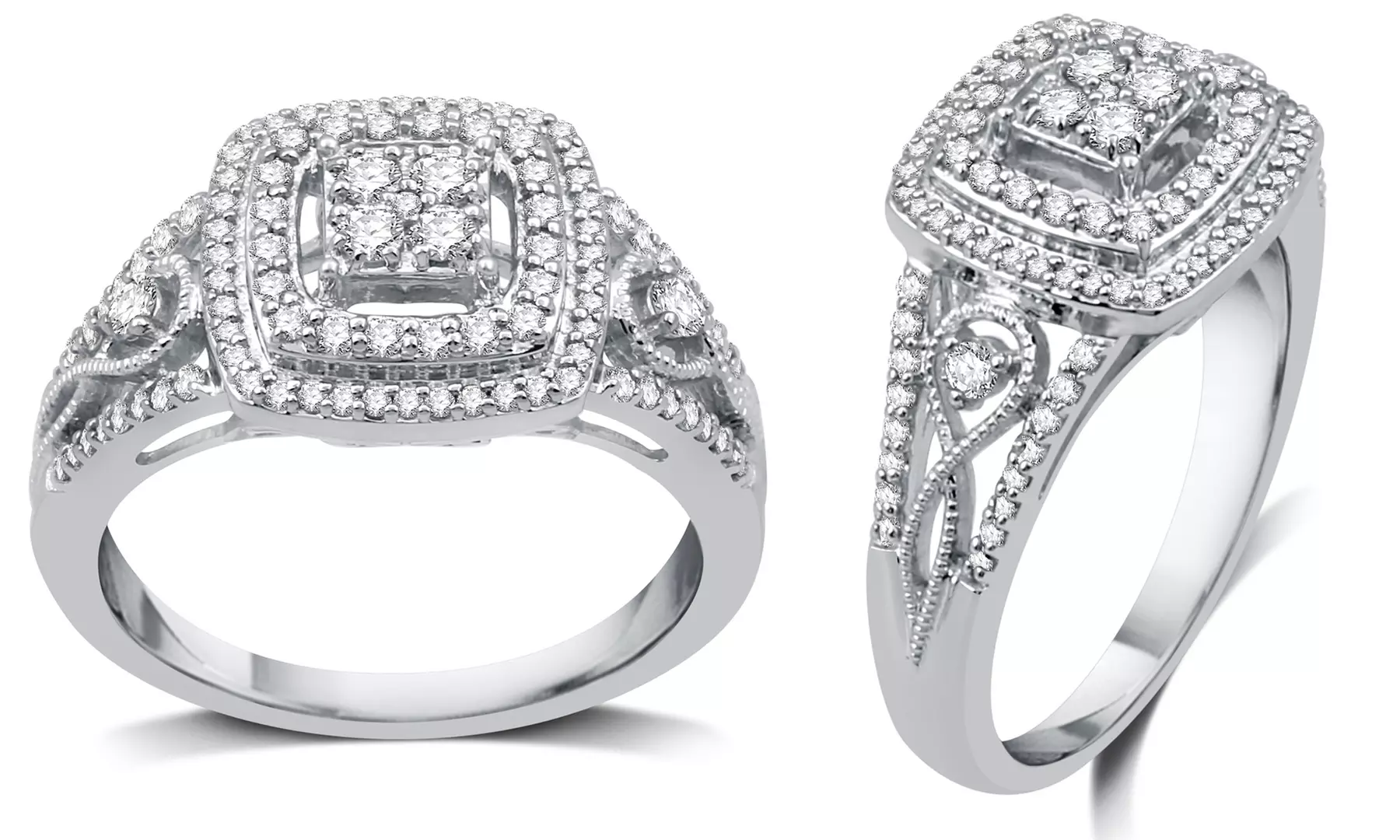 1/2 CTTW Diamond Cushion Double Frame Engagement Ring in Sterling Silver By DeCarat - Primary Image