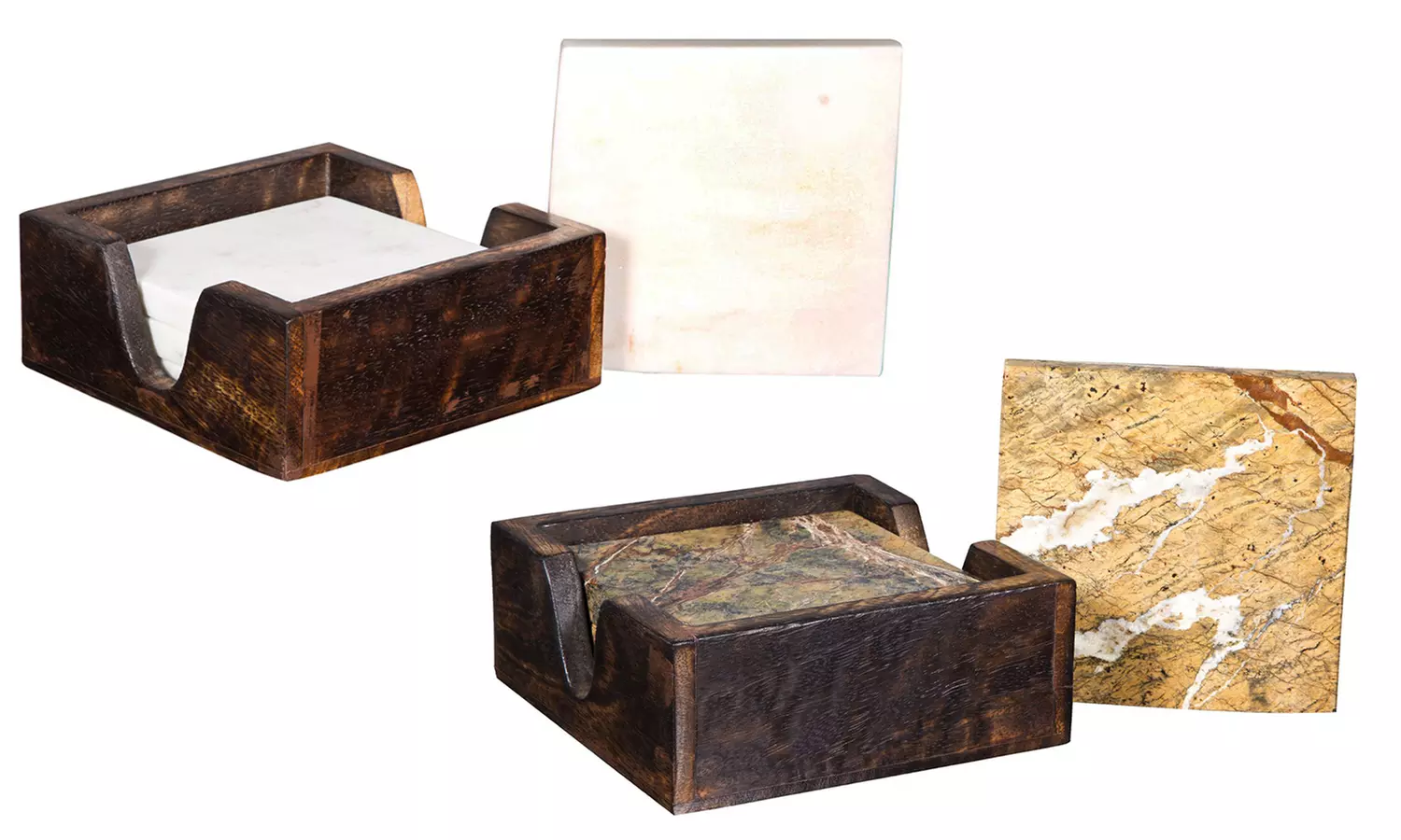 Marble Coasters in Dark Wood Caddy (Set of 4) - Primary Image