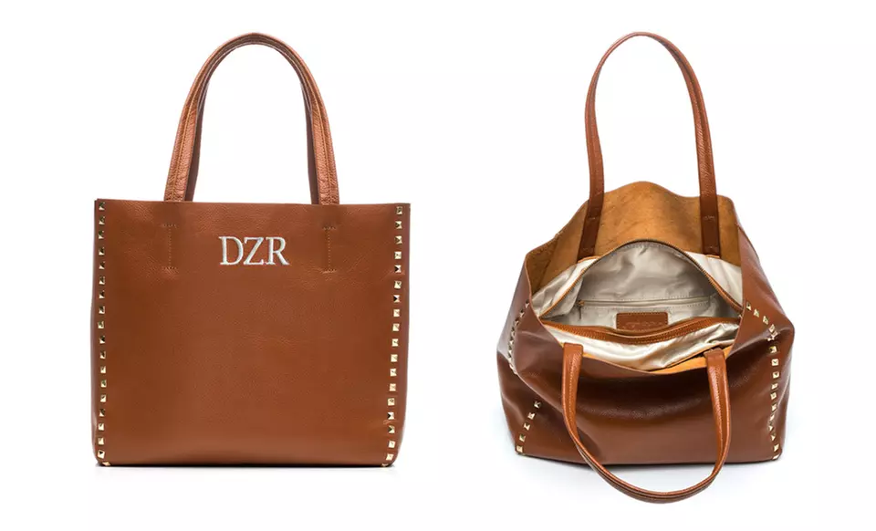Monogrammed Studded Cognac Genuine-Leather Tote from Luce Mia (80% Off) - Primary Image