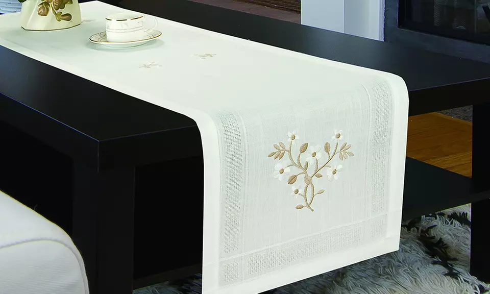 Beige Floral Embroidered Table Linen Set with Placemats, Runner, and Tablecloth - Primary Image