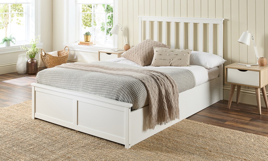 Image 1: Wooden Ottoman Bed with Bonnell or pocket Spring Mattress Option