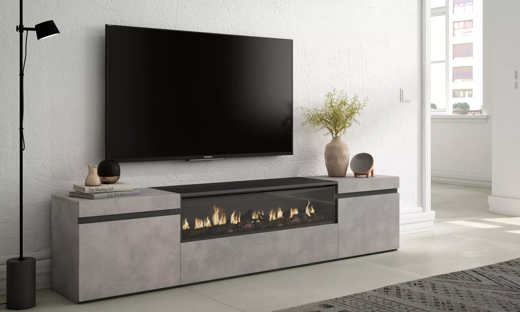 Modernes TV-Lowboard (200cm) - Wahlweise mit 3D-Elektrokamin oder extra Stauraum