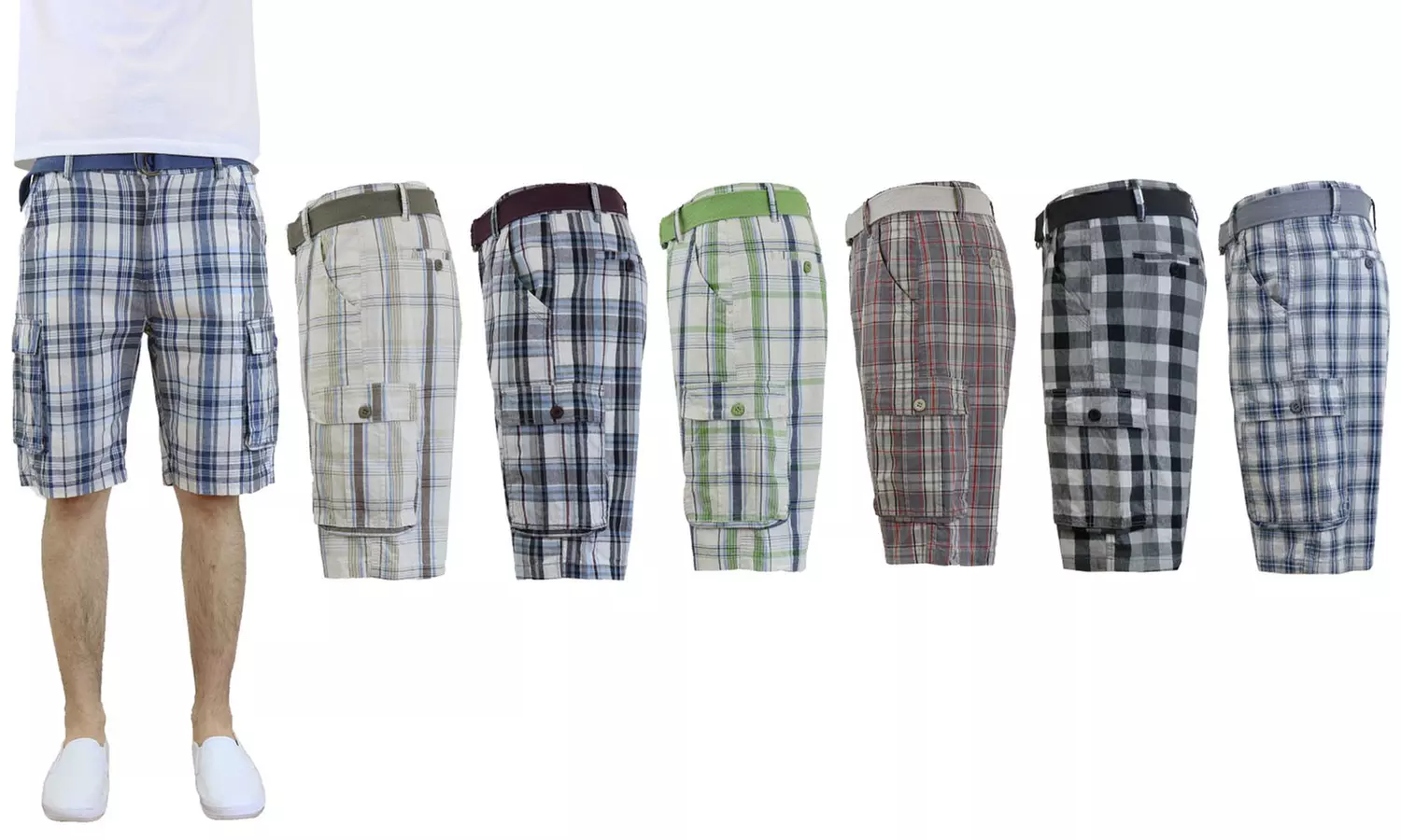 Men's Cotton Belted Plaid Cargo Shorts - Primary Image