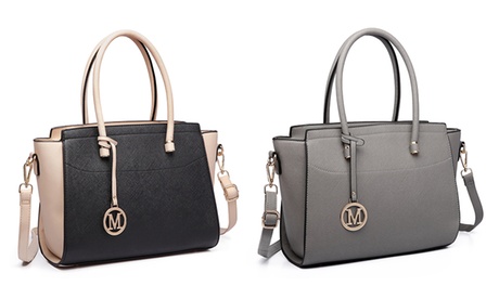 Große elegante Kunstleder-Handtasche für Damen (ca. 33 x 27 x 11 cm) in Schwarz-Beige oder Grau
