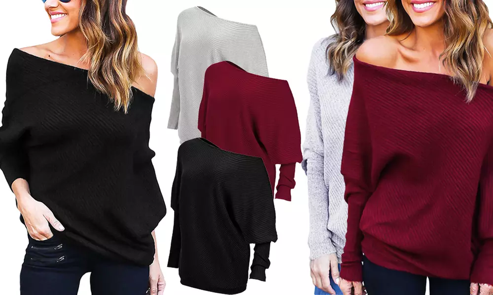 1x oder 2x Schulterfreier Damen-Pullover in Schwarz, Grau oder Weinrot - Primary Image