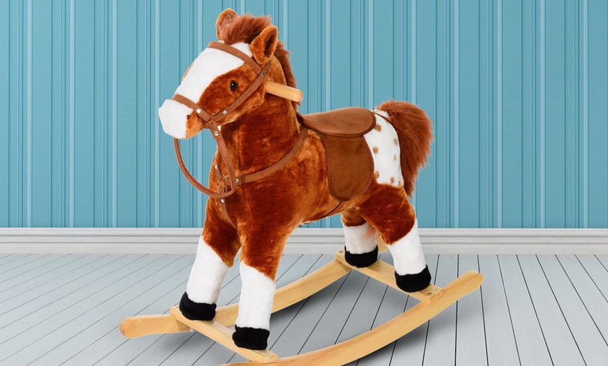 Image 9: HomCom Kids' Plush Rocking Horse with Sound Effects