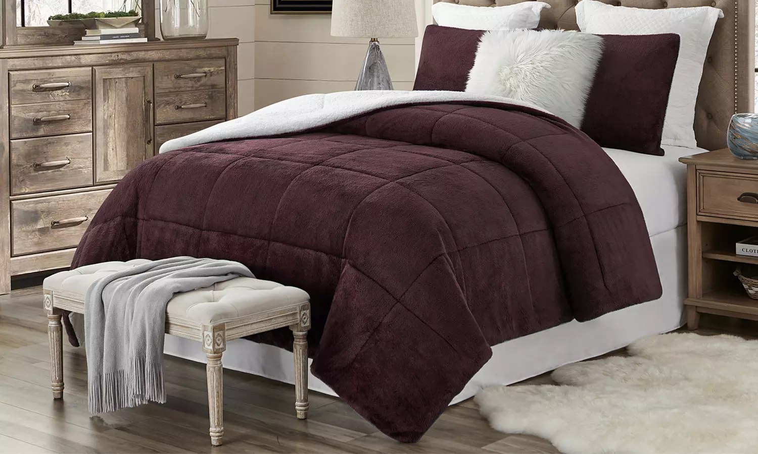 Luxury Home Faux Fur and Sherpa Reversible Comforter Set (3-Piece) - Second Medium