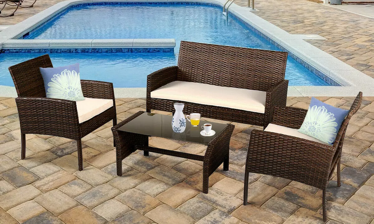 Costway Wicker Rattan Patio Furniture Coffee Table & Sofa Set (4-Piece) - Primary Image