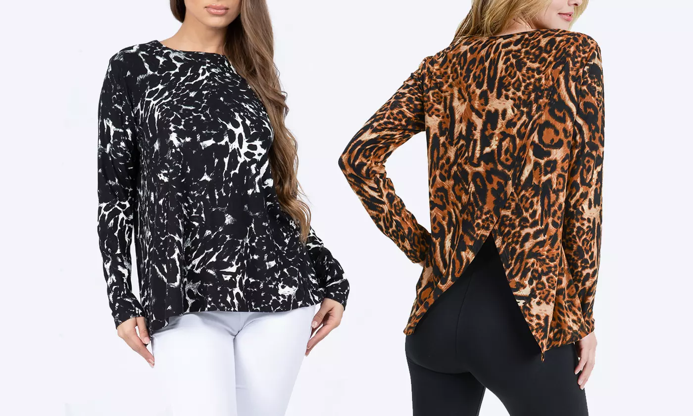 Style Clad Women's Long Sleeve Leopard Surplice Back Top - Primary Image