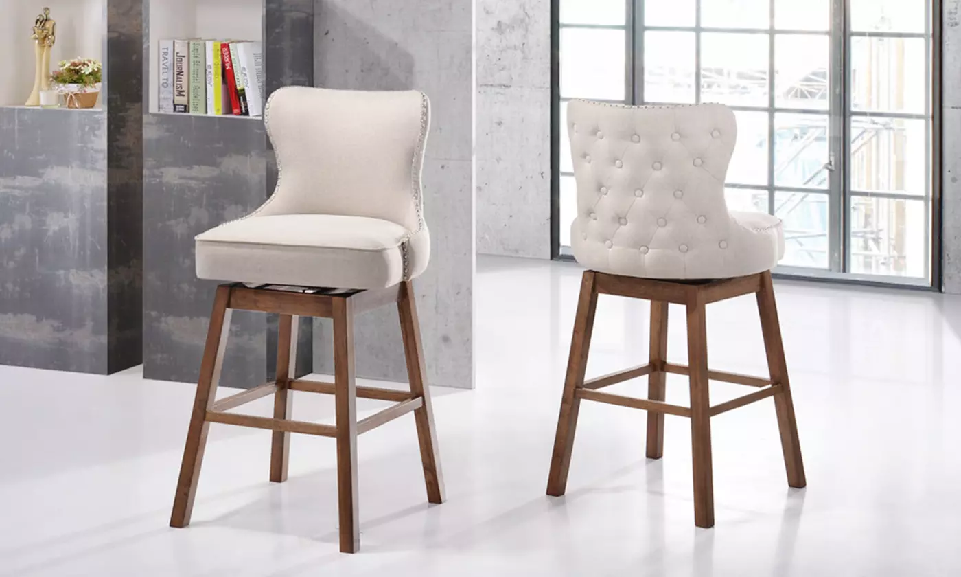 Gradisca Walnut Wood Button-Tufted Swivel Barstools (Set of 2) - Primary Image