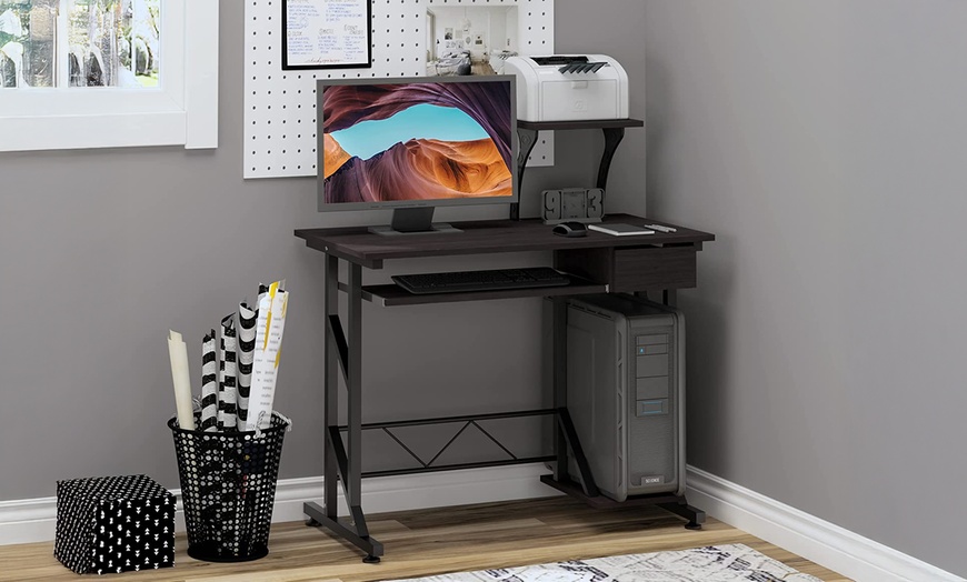 Image 4: HomCom Computer Desk with Display Stand and Keyboard Drawer