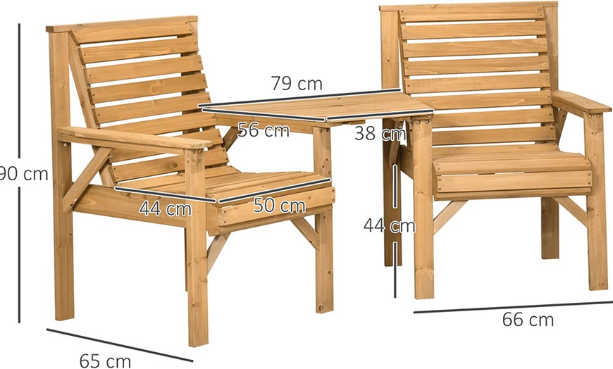 Image 7: Outsunny Wooden Garden Love Seat with Coffee Table and Parasol Hole