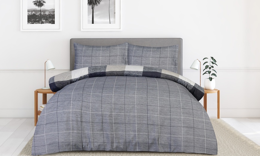 Image 2: Super Soft Easy Care Block Check Reversible Duvet Cover Set