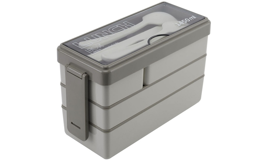 Image 3: Grey Dual-Layer Plastic Bento Lunch Box with Cutlery