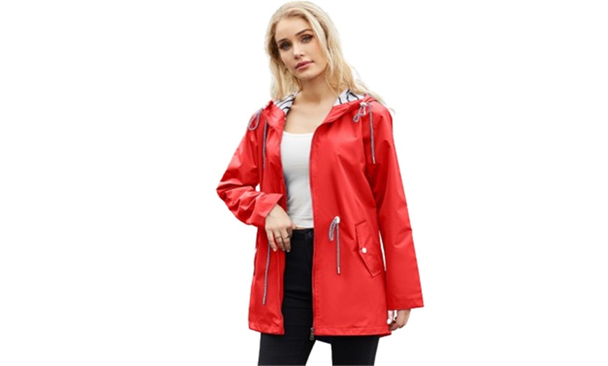 Image 11: Women's Hooded Drawstring Zipper Rain Coats