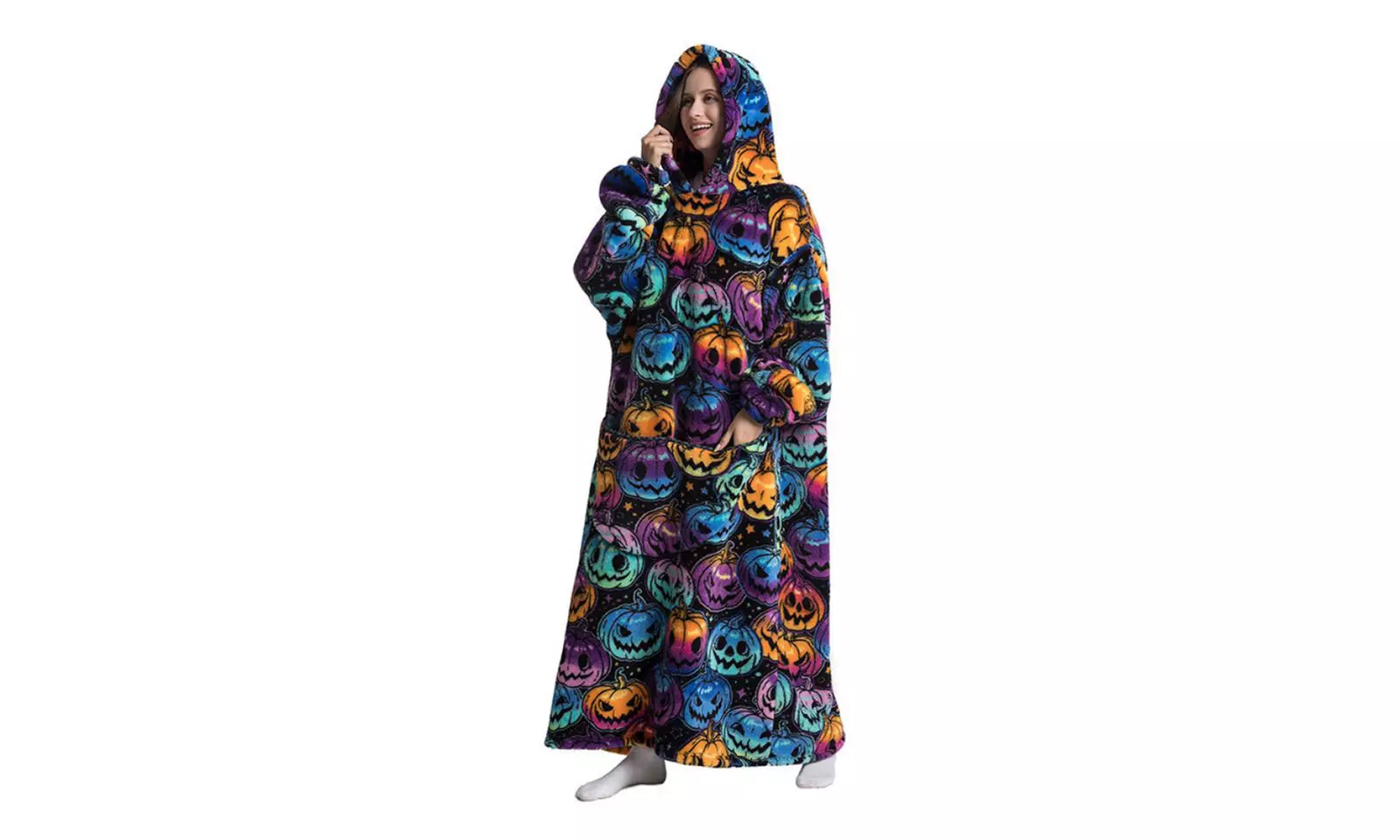 Pumpkin-Print Oversized Wearable Hoodie Blanket