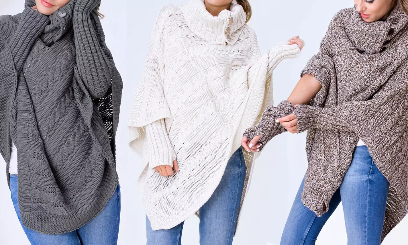 Strick-Poncho Noemi mit Rollkragen und abnehmbaren, langen Ärmeln in der Farbe nach Wahl - Primary Image