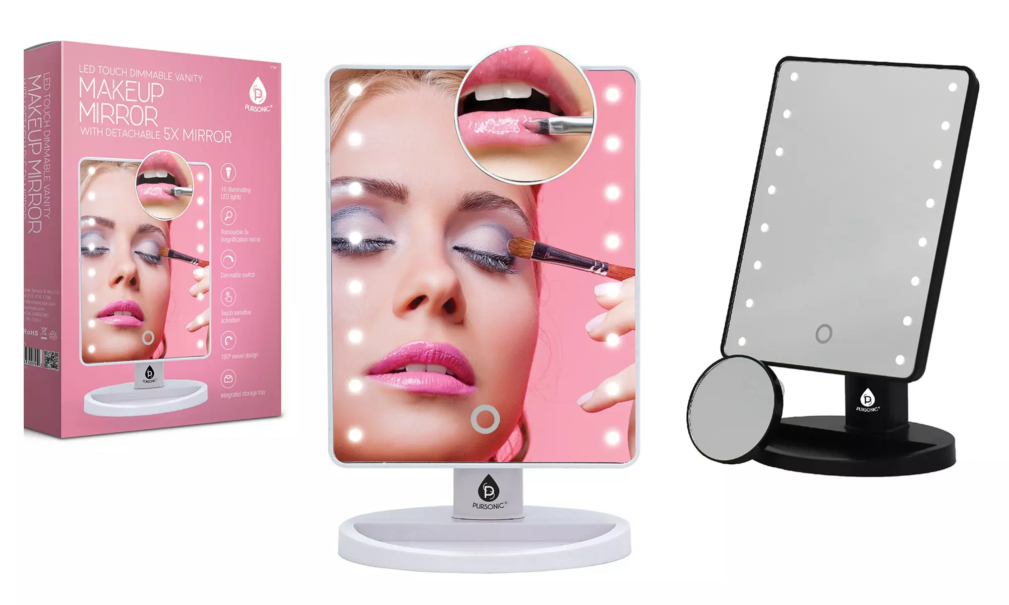 Pursonic LED Dimmable Vanity Makeup Mirror with Detachable 5X Mirror - Primary Image
