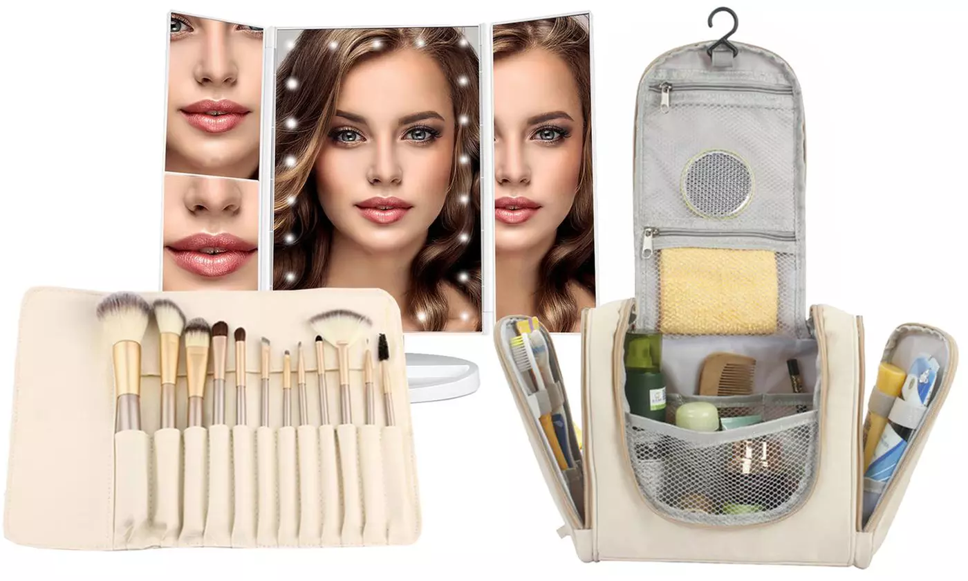 Holiday Gift Set: Makeup Brushes, Toiletry Organizer Bag, and LED Mirror - Second Medium