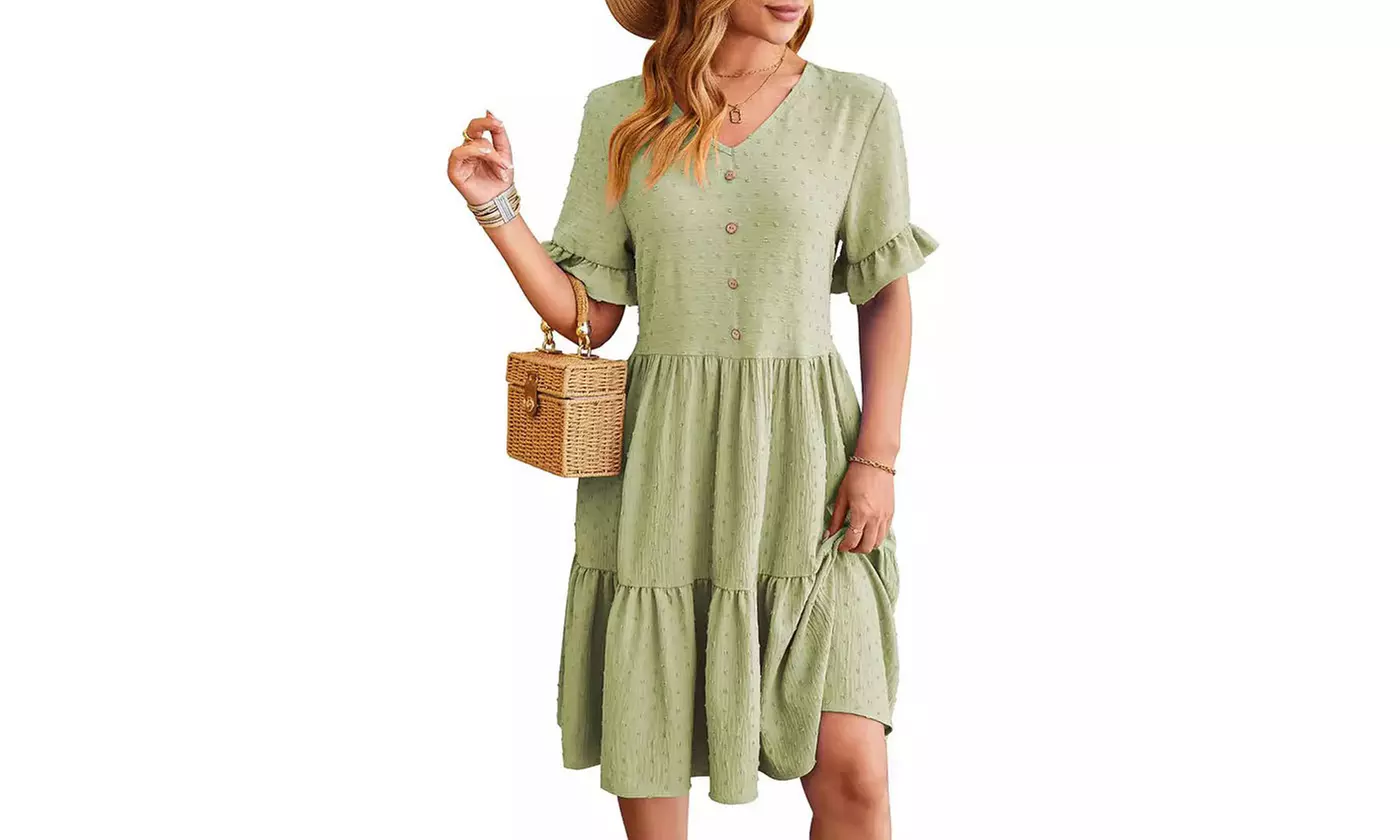 Womens V Neck Short Sleeve Swiss Dot Ruffle Hem Summer Dress