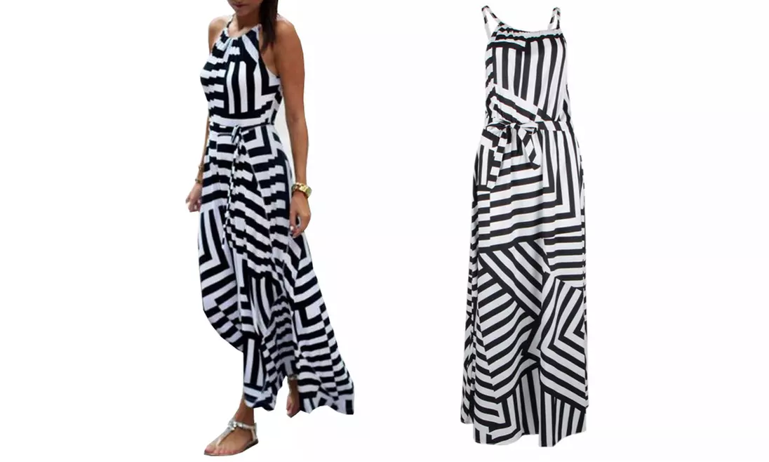 Gestreiftes Maxi-Kleid in Schwarz-Weiß in der Größe nach Wahl - Primary Image